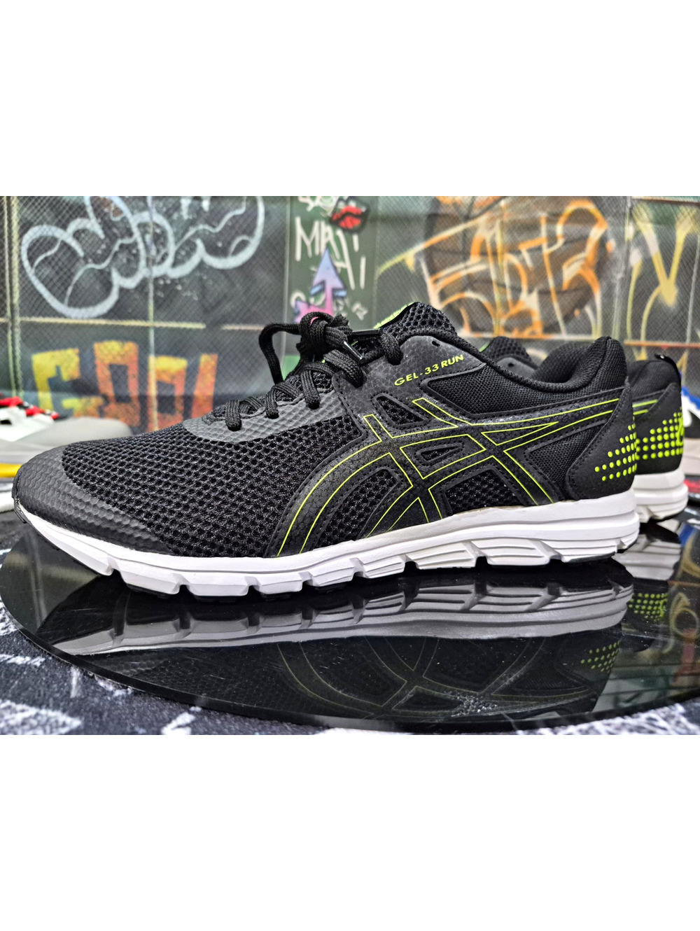 ASICS GEL-33 RUN Men’s Low Top Running Shoes Black/Green/White Lace Up Mesh